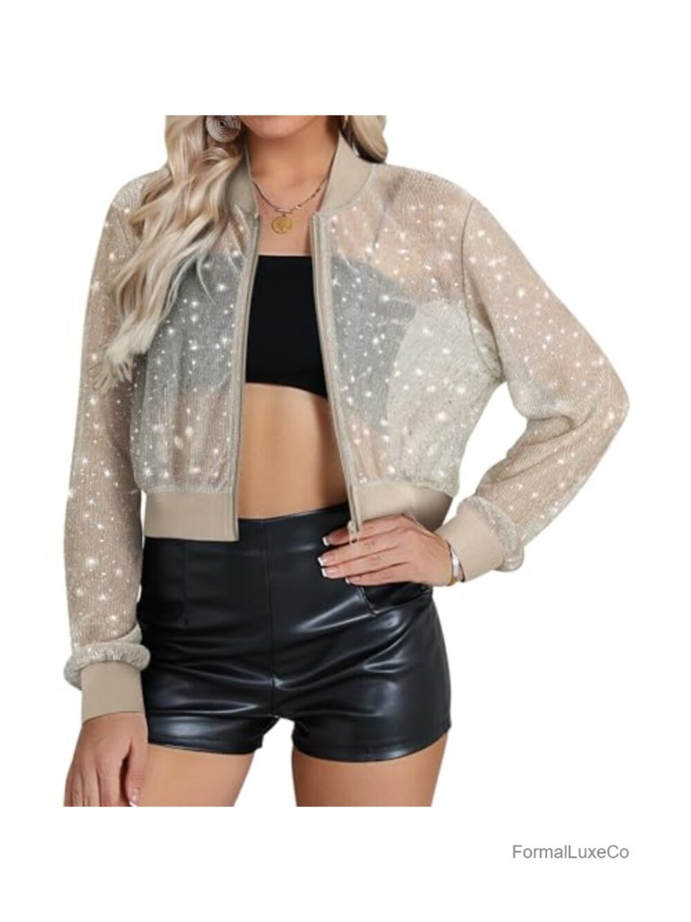 Sheer Mesh Sparkly Crop Jacket Night Out Party Concert Outfit